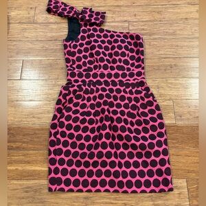 RUC French Connection Pink and Black Polka Dot One-Shoulder Dress